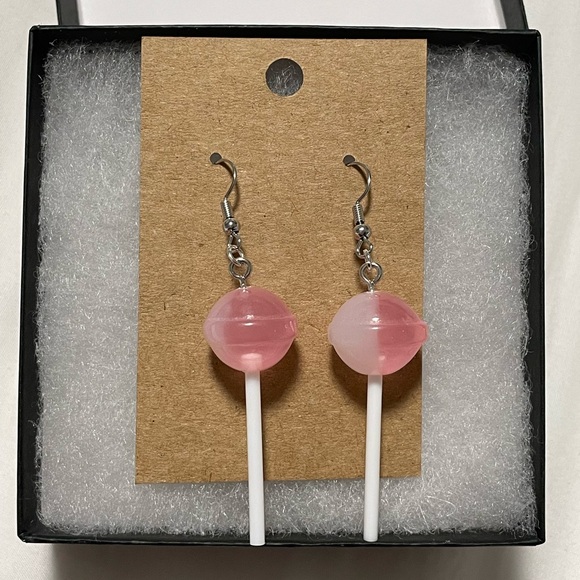 Bubblegum Pink Resin Lollipop Dumdum Earrings with Silver Accents - Picture 2 of 4